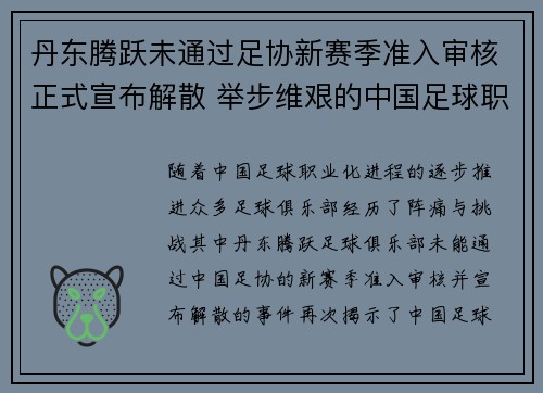 丹东腾跃未通过足协新赛季准入审核正式宣布解散 举步维艰的中国足球职业化困境再现 丹东腾跃未通过足协新赛季准入审核正式宣布解散 举步维艰的中国足球职业化困境再现